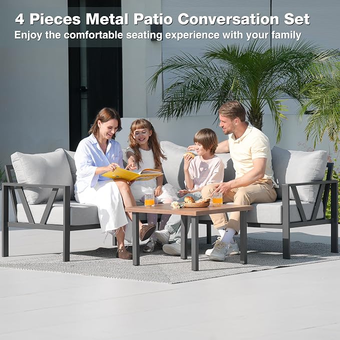 Outdoor Furniture Set, 6 Pieces Outdoor Couch Sectional, L Shaped Metal Patio Corner Sofa with 6” Thick Cushions, Patio Seating Conversation Set, Light Grey