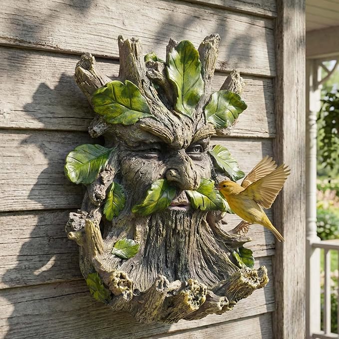 10.3" Whimsical Tree Face Sculpture, Garden Peeker Statue, Outdoor Trunk Tree Huggers Art, Landscape Accent Ornament, Hanging Fairy Elve Figurine for Yard Art, Feeder Decor Wall Mounted Statue