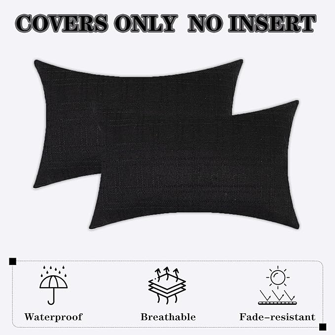 Kevin Textile Outdoor Waterproof 14”x24” Lumbar Pillow Covers 2 Pack, Black | Water Resistant, Soft Faux Linen-cotton Yarn-dyed Woven Texture Throw Pillow Covers for Tent Patio Garden Couch Sofa