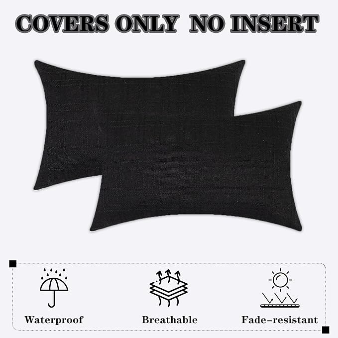 Kevin Textile Outdoor Waterproof 12”x20” Lumbar Pillow Covers 2 Pack, Black | Water Resistant, Soft Faux Linen-cotton Yarn-dyed Woven Texture Throw Pillow Covers for Tent Patio Garden Couch Sofa
