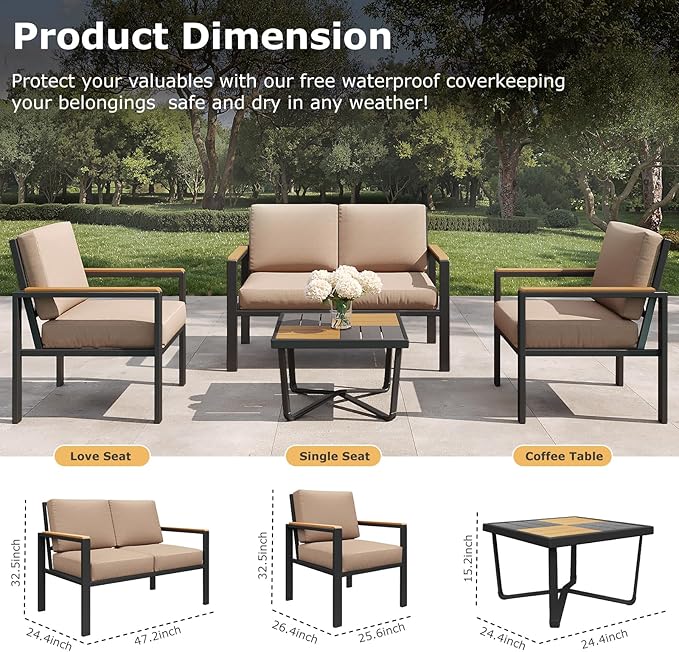 5-Piece Patio Furniture Set with 28” Propane Fire Pit Table, Heavy-Duty Metal Outdoor Conversation Set with Deep Cushions & Wood-Like Armrests for Patio, Porch, Backyard, Garden – Brown