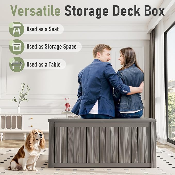 Outdoor Storage Box, 150 Gallon Resin Deck Boxes Outdoor Waterproof For Patio Furniture, Garden Tools, Pool Supplies, Lockable And UV Resistant (Striped Gray)