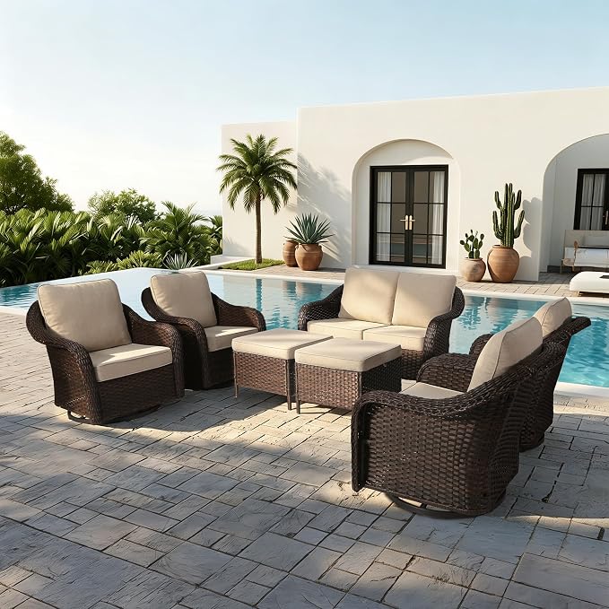 7 Piece Patio Wicker Conversation Set, All-Weather Use Outdoor Wicker Loveseat with 4 PE Rattan Ottomans,4 Swivel Chair, Ideal for Porch, Backyard, Balcony, Poolside, Beige