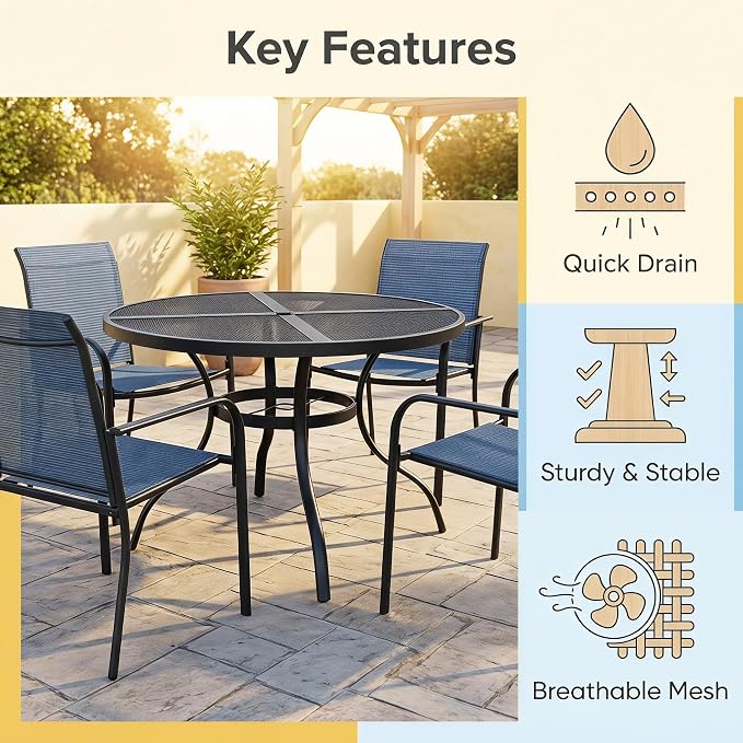 Round Metal Mesh Patio Dining Table for 4, 42" Black Electroplated Steel Outdoor Dining Furniture Table with Umbrella Hole, Rust-Resistant Patio Furniture for Backyard, Porch, Deck