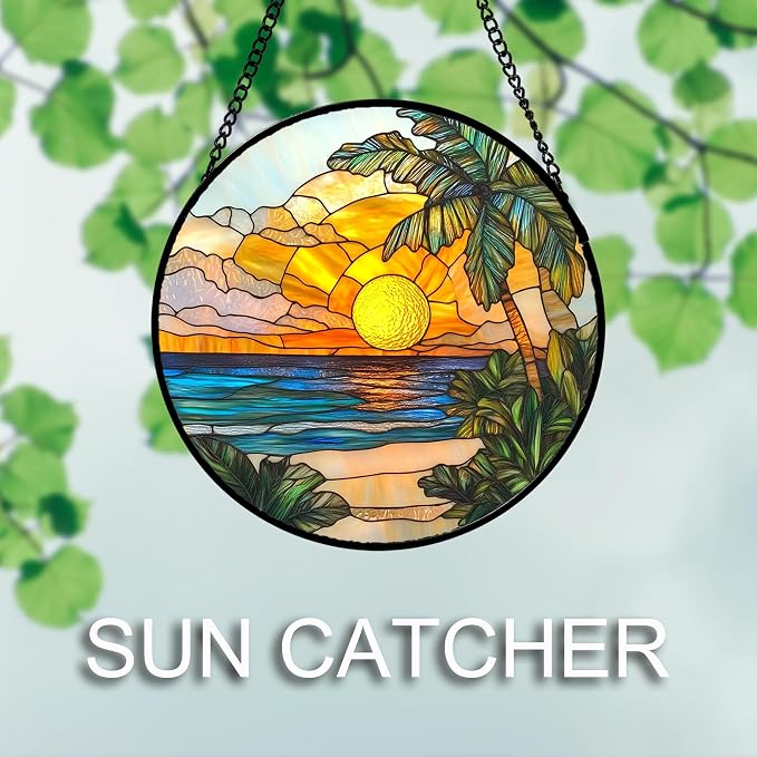 DASTOLL Stained Glass Window Hanging 4 Pcs Set Blue Ocean Coconut Tree Scenery 6.3" - Suncatcher Door Garden Sun Catcher Decor Birthday Christmas for Mom Woman Nana Men