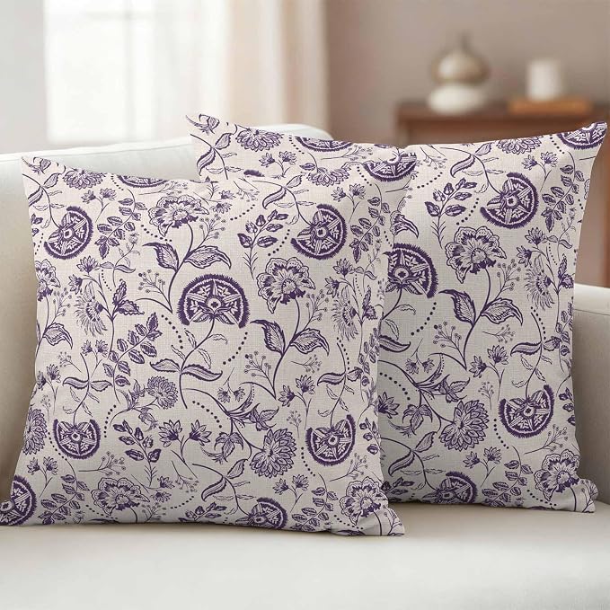 Outdoor Pillow Covers 20x20 Set of 2, Purple Spring Floral Waterproof Patio Throw Pillow Covers for Couch Sofa Chair, Summer Botanical Farmhouse Decorative Pillowcases for Throw Pillows