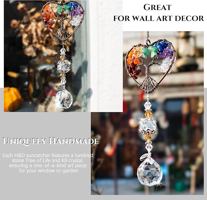 Tree of Life Heart Crystal Ball Prism Suncatcher Pendant Decor | Tree of Life Heart Shaped Crystal Ball Prism Pendant Suncatcher Window Hanging Ornament for Home Garden Office Wedding Decor