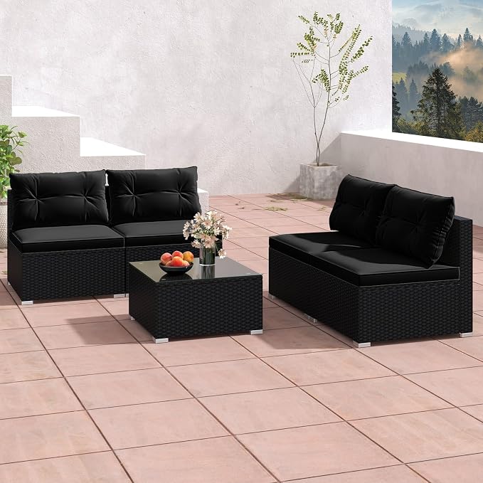 RELAX4LIFE 5-Piece Outdoor Patio Furniture Set, Rattan Sectional Sofa Set w/Glass-Top Coffee Table, Soft Seat & Back Cushions, Bistro Set for Garden Backyard Porch, Wicker Conversation Set (Dark)