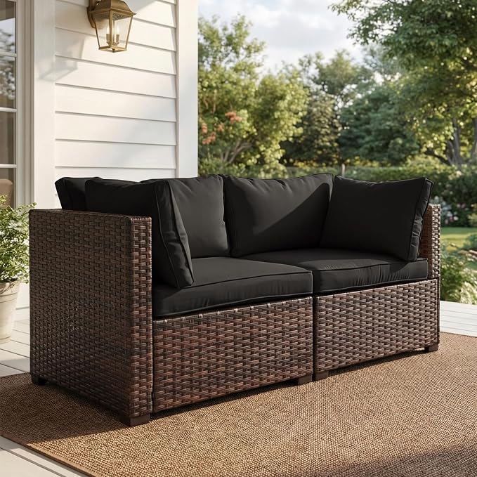 2 Pieces Patio Furniture Set, Outdoor PE Rattan Sectional Sofa with Soft Cushions for Backyard, Porch, and Poolside (Black, 2 PCS)