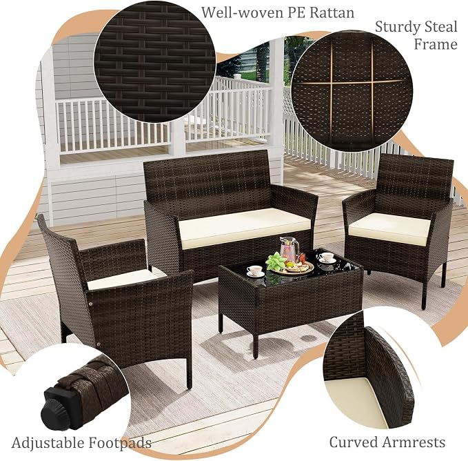 4 Piece Patio Furniture Set, Sectional Conversation Sofa Set with Glass Coffee Table, Cushions & Loveseat, Wicker Outdoor Table and Chairs for Pool, Garden, Deck, Backyard (1, Beige)