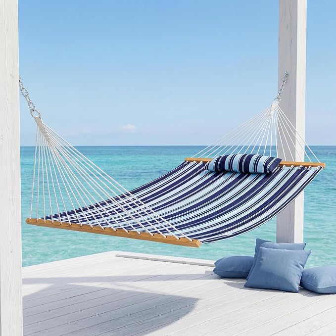 Hammock with Spreader Bar, Pillow & Chains, 450 lbs Capacity, Weather Resistant, for Patio, Backyard, Beach, Outdoor