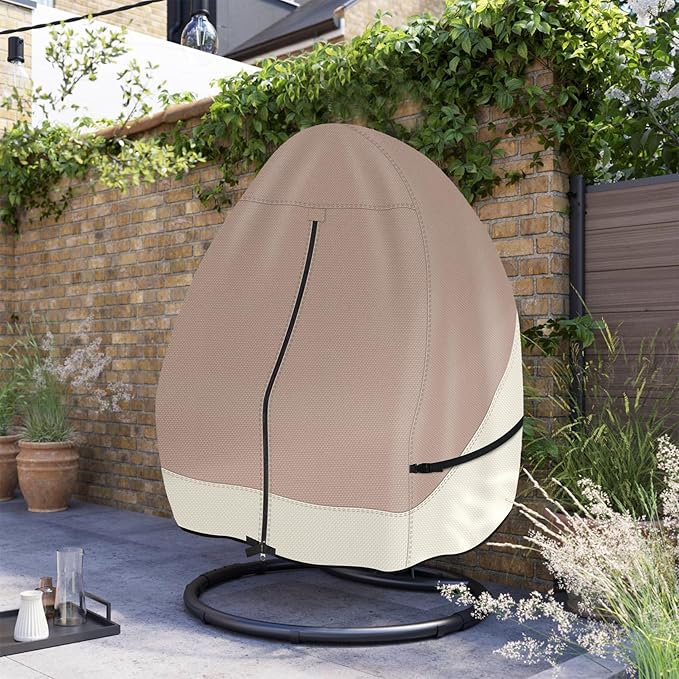 Porch Shield Patio Hanging Egg Chair Cover - 600D Waterproof Outdoor Double Seat Wicker Swing Egg Chair with Stand Protector, Light Tan & Khaki