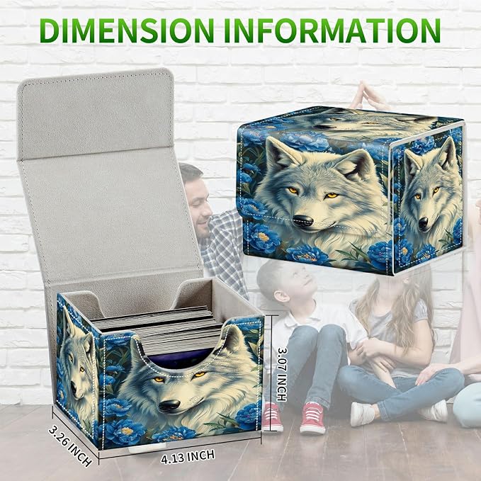 Card Deck Box for MTG, Cards Storage Box Fits 120+ Sleeved, Leather Small Size Strong Magnetic Closing Card Case for Board Games Magic TCG CCG Baseball Collection, Purple Flower Wolf