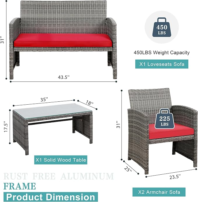 SUNLEI 4 Pcs Outdoor Patio Furniture Sets, Rattan Chair Wicker Conversation Set, Backyard Porch Garden Poolside Gray Rattan Sofa Chair with Cushion for Outdoor Indoor Use (Red)