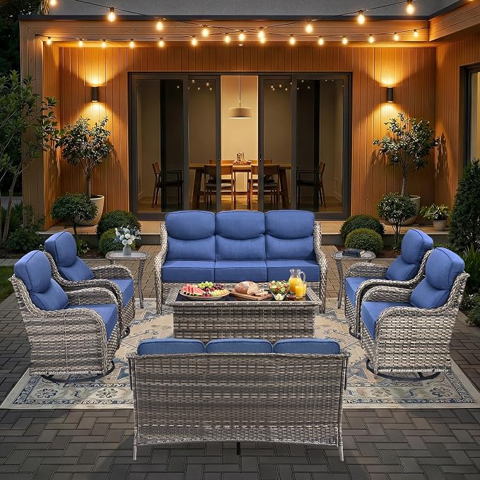 HUMMUH 9 Pieces Wicker Outdoor Furniture Set 6-inch Cushions High Back Patio Sofa Swivel Rocker Chairs Set of 2 with Coffee Table for Porch,Deck,Backyard