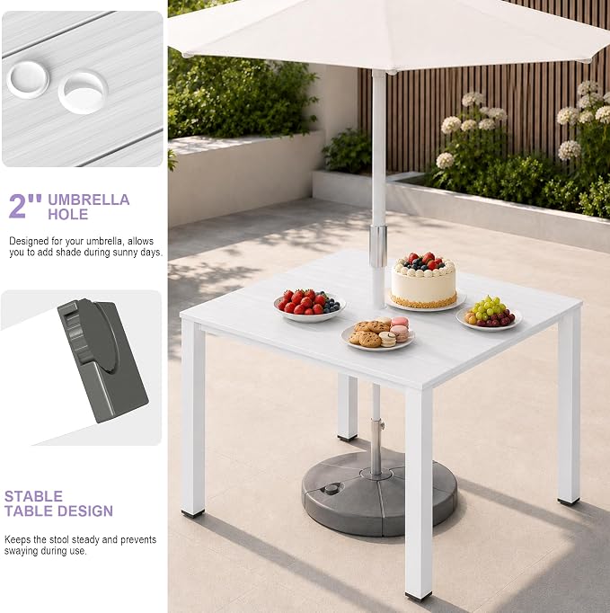 Domi HDPE Outdoor Dining Set, All-Weather Outdoor Dining Table Set of 3 with 2" Umbrella Hole, Outdoor Patio Dining Set for Garden, Poolside, Backyard, Deck, White