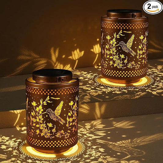2 Pack Hummingbird Solar Lanterns Garden Decor Birthday Gifts for Women | Metal Hanging Solar Lights Waterproof Outdoor Decoration for Outside LED Lanterns for Yard Gifts for Mon Grandma