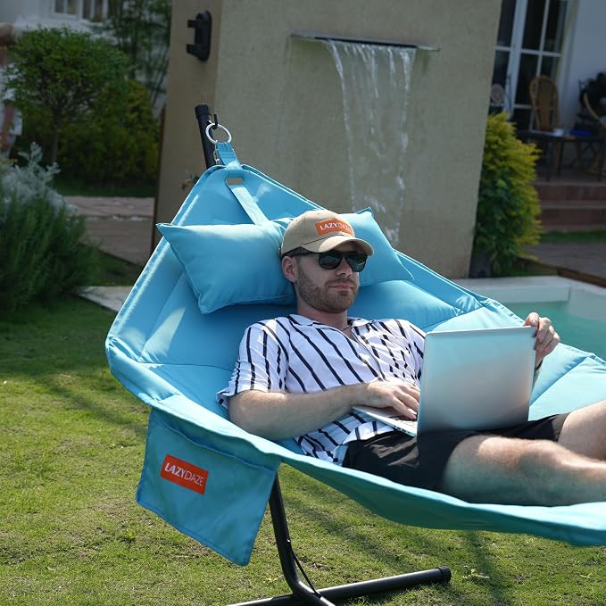 Lazy Daze Hammocks Hammock with Stand for Outside, Quilted Hammock with Detachable Pillow, Tool-Free Assembly, 450lb Capacity for Backyard, Patio, Aqua