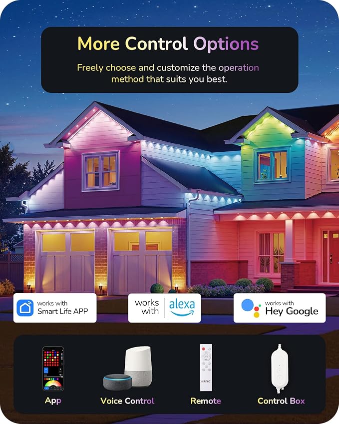 EDISHINE 120FT IP67 Waterproof Smart Outdoor Permanent Lights, RGBIC | App/Voice/Remote Control, 50 Scene Modes, LED Eave Lights, 120° Beam Angle for Daily and Festive Celebrations