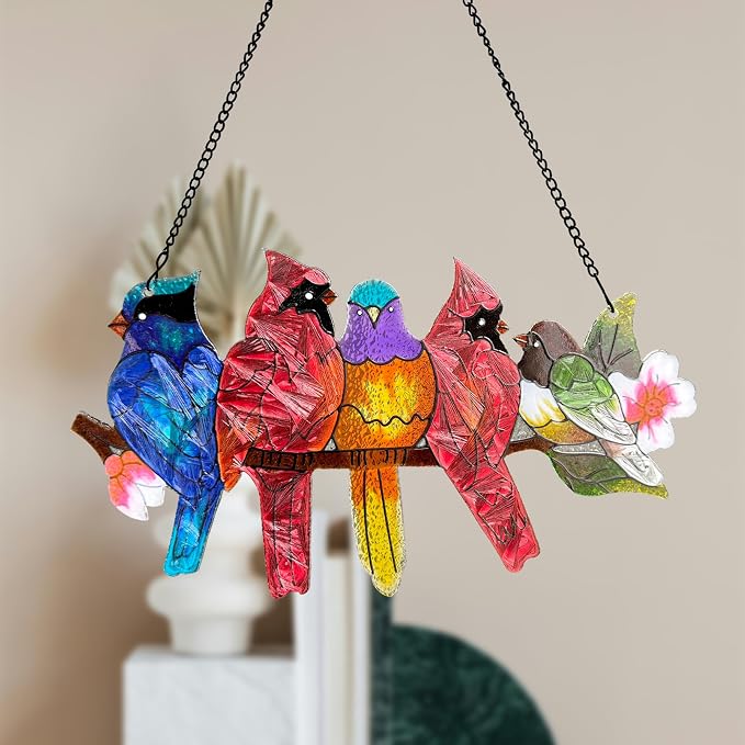 DASTOLL Stained Glass Window Hanging - Large Stained Glass Birds on Branch, Birds Sun Catchers Indoor Window with Chain and Hook Gifts for Bird Lover, Mom, Grandma, Stocking Stuffers for Women