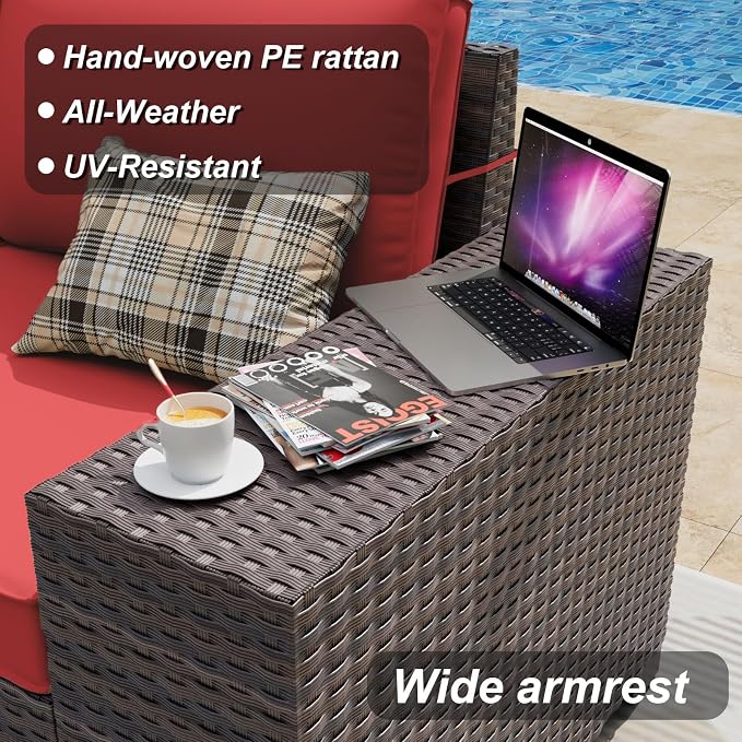 ALAULM 12 Pieces Outdoor Patio Furniture Set Sectional Sofa Sets Brown PE Rattan Patio Conversation Set w/10 Rose Red Seat Cushions and 2 Coffee Tables