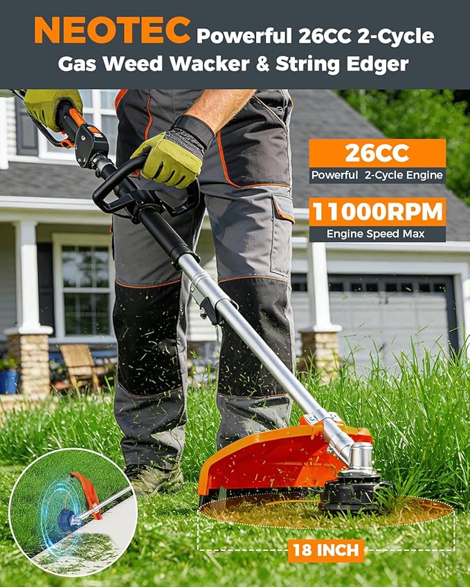 NEO-TEC 4-in-1 26cc Gas Weed Eater, String Trimmer,Pole Saw,Hedge Trimmer,Brush Cutter,Multi-Function Weed Wacker for Yard Care Tool with Rubber Handle & Shoulder Strap