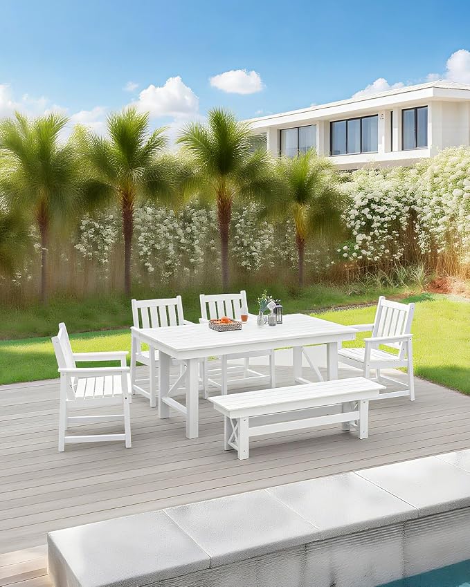 Outdoor HDPE Dining Set for 6, Patio Dining Furniture Set with Umbrella Hole Table and 1 Bench and 4 Chairs, All Weather Outdoor Dining Bench Sets for Poolside, Garden, Deck, White