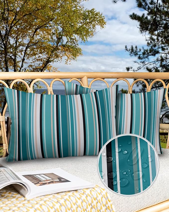 Outdoor Waterproof Pillow Covers for Patio Furniture Simple Stripe Decorative Throw Pillow Cover Geometric Pattern Pillowcases Set of 2 Cushion Case for Sofa Couch Chair Home Decor 20x12 inch
