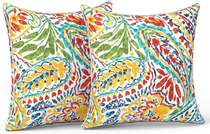 LVTXIII Pack of 2 Outdoor Throw Pillow Covers Accent Waterproof Pillow Covers ONLY, Patio Square Cushion Cases for Garden Balcony Couch Sofa Decoration 18x18 inch, Paisley Multi