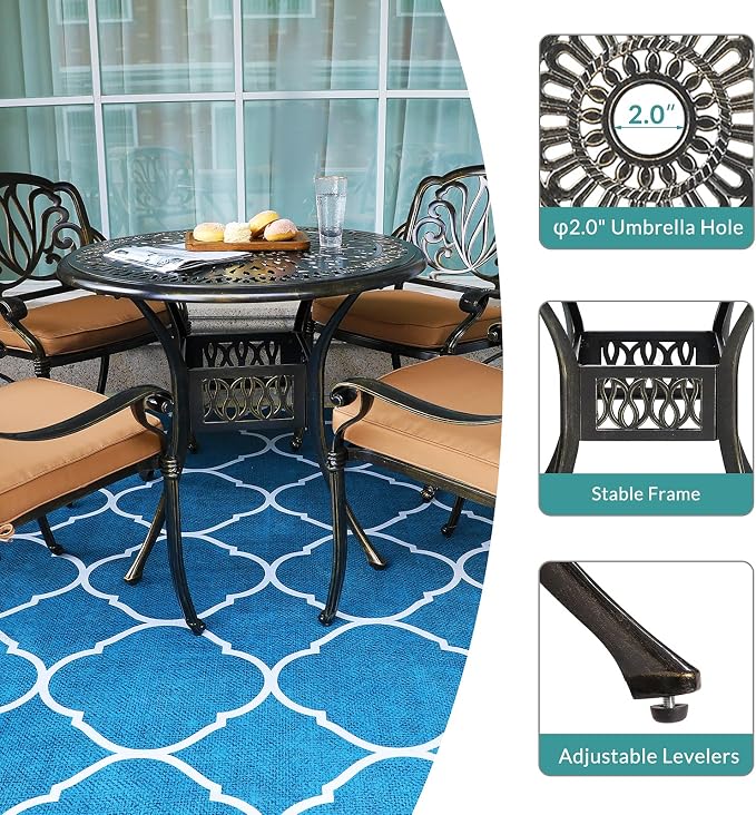 MEETWARM 5 Piece Patio Dining Set, Outdoor All-Weather Cast Aluminum Dining Table Set, Patio Furniture Set for Backyard Garden Deck, Include 4 Chairs, 4 Cushions and 1 Round Table with Umbrella Hole