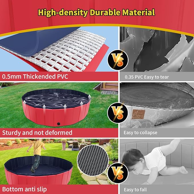 CACSPS Foldable Dog Pool, 87" x 14" Large Kiddie Pool with Hard Plastic, Non-Slip Dog Bath Tub for Outdoor Backyard, Collapsible Dog Swimming Pool for Kids Dogs Pets (Red)