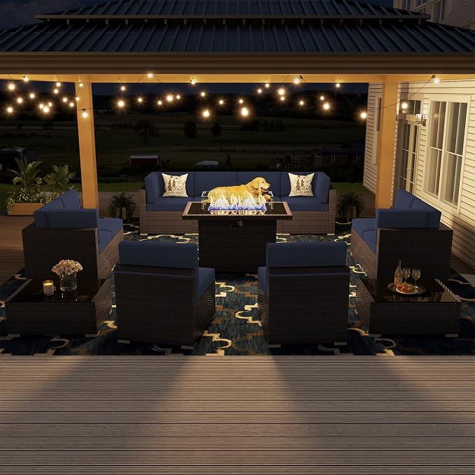 13 Pieces Patio Furniture Set with 44" Propane Gas Fire Pit Table, Outdoor Sectional Wicker Conversation Sofa Sets with Coffee Table