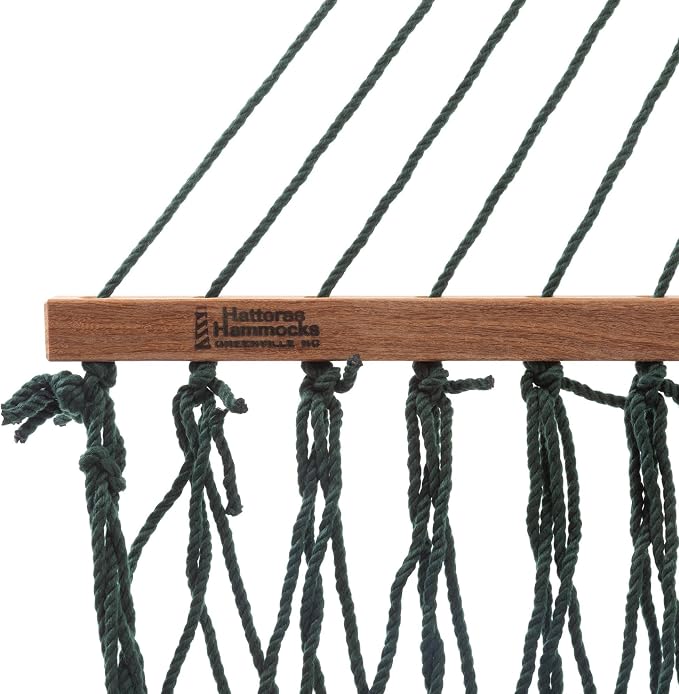 Hatteras Hammocks Executive Green DuraCord Rope Hammock – 13 ft. x 65 in., 2-Person, 450 lb Capacity, Cumaru Spreader Bar, Zinc-Plated Hardware – Handcrafted in The USA