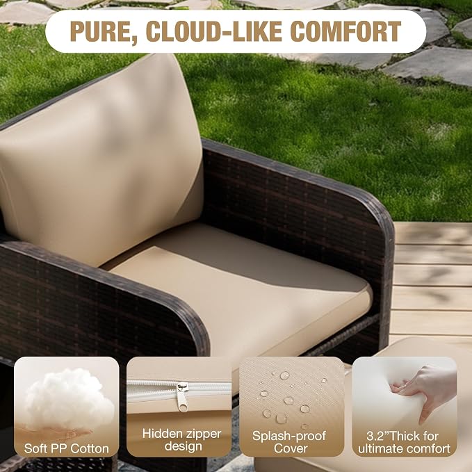 LEVELEVE Patio Conversation Set 5 Piece, Balcony Furniture Outdoor PE Rattan Wicker Lounge Chairs with Soft Cushions, 2 Ottomans & Glass Table for Porch Lawn, Brown (Khaki Cushions