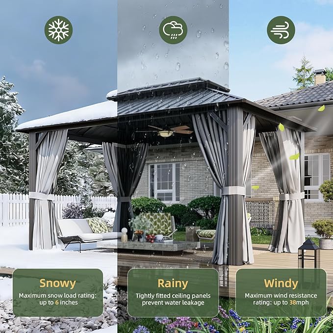 Aoxun 10’x14’ Hardtop Gazebo, Permanent Metal Pavilion with Galvanized Steel Double Roof, Outdoor Pergola with Nettings and Curtains for Lawn, Garden, Patio (Gray)