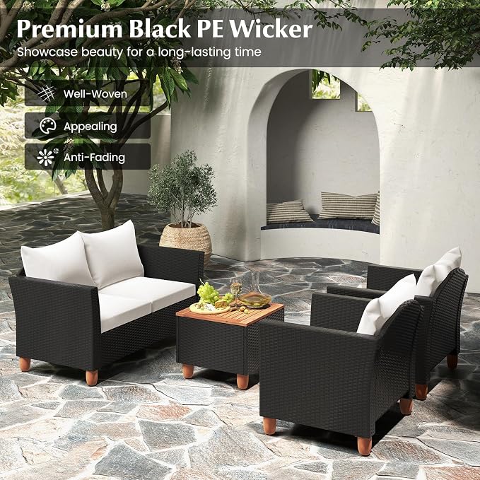 Tangkula 4 Piece Outdoor Conversation Set, Patio Cushioned Chairs w/Storage Coffee Table, Acacia Wood Tabletop & Chair Legs, Patio Wicker Furniture Set for Poolside, Lawn, Porch (1, Off White)