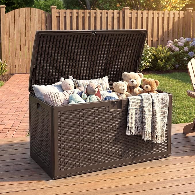 73 Gallon Large Resin Deck Box, Lockable Indoor Outdoor Storage Container for Patio Furniture, Pool Toys & Garden Tools, Waterproof Heavy Duty Deck Box with Seat Capacity - Brown