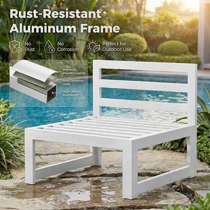 RADIATA 9 Pieces Aluminum Patio Furniture Set with Fire Pit Table, Modern Outdoor Sectional Sofa, Large Conversation Seat with Thick Cushion for Garden Backyard Deck Porch (White)