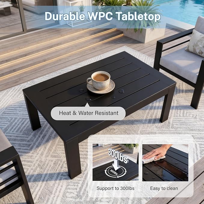 Aluminum Patio Furniture Set, 4 PCS Metal Oversized Outdoor Furniture Set Washable Thick Cushions, 4 Seat Patio Conversation Set with 3.54” Wide armrest and Coffee Table for Patio, Garden