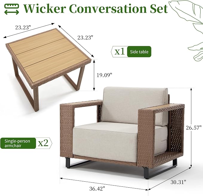 Bonzy Home Wicker Patio Chairs Set of 2 with Rattan Side Table, Rattan Outdoor Accent Chairs with Extra-Thick Soft Cushions, Patio Conversation Sets for Porch, Garden Poolside Balcony