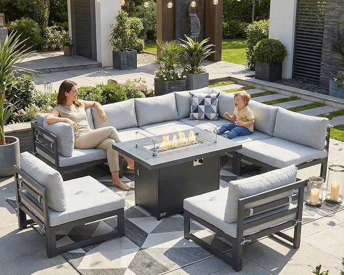 NICESOUL 9 Piece Modern Aluminum Patio Furniture Set with Fire Pit Table, 500 lbs Heavy Duty Outdoor Sectional Sofa, 29" Deep Wide Oversized Seating L Shaped Conversation Couch for Garden, Light Gray