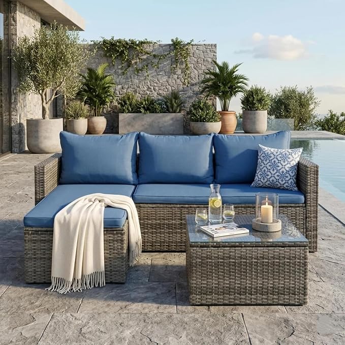 JAMFLY 4-Piece Patio Furniture Set with 43" Propane Fire Pit Table, Blue | All-Weather PE Wicker Sectional Sofa, Outdoor Conversation Set for Garden, Backyard & Deck