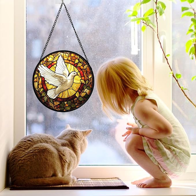 DASTOLL Stained Glass Window Hanging, Flying White Dove Sun Catchers Diamond Glass Panel Hangings Cute Birds Suncatcher Decor for Birthday for Women, Men, Wife, Aunt,and Mom 7.8X7.8IN