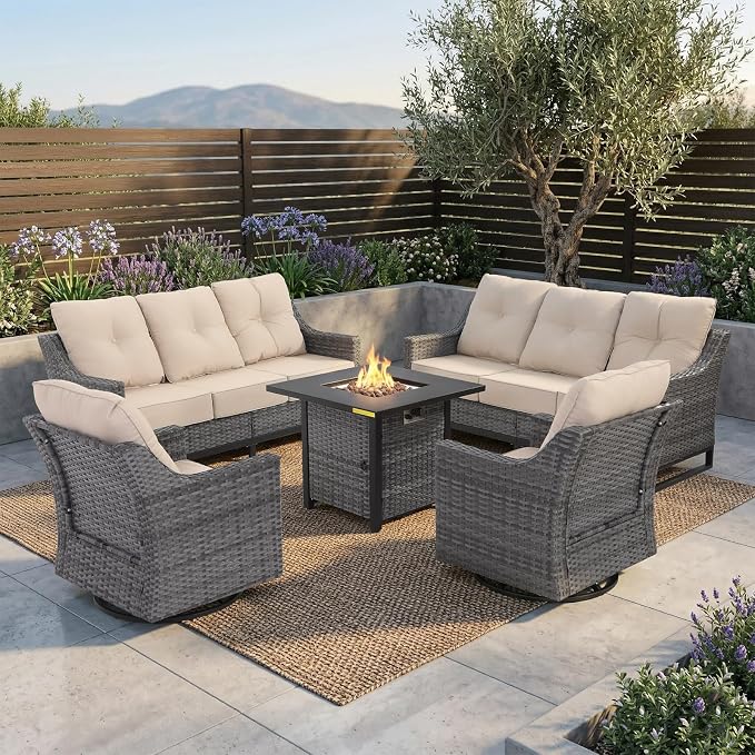 5 Piece Patio Furniture Set With Fire Pit Table,360°Swivel Glider Patio Chairs Set of 2,Cozy 60,000 BTU Square Fire Pit Table,2 Sofas,All-Weather Wicker Outdoor Patio Set With 6 Inch Thick Cushions