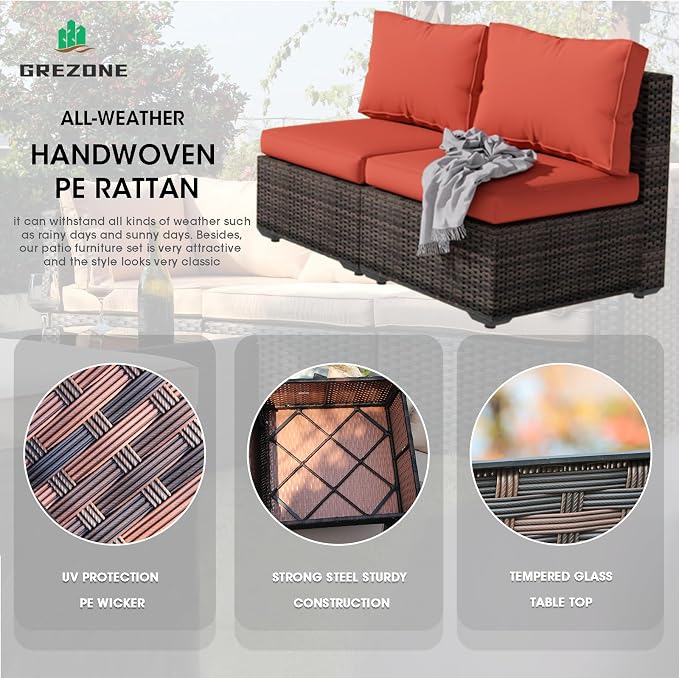 Grezone 15 Piece Patio Furniture Set with 44" Fire Pit Table, Outdoor Sectional Couch, PE Rattan Patio Conversation Sets with 4inch Cushions for Backyard Red