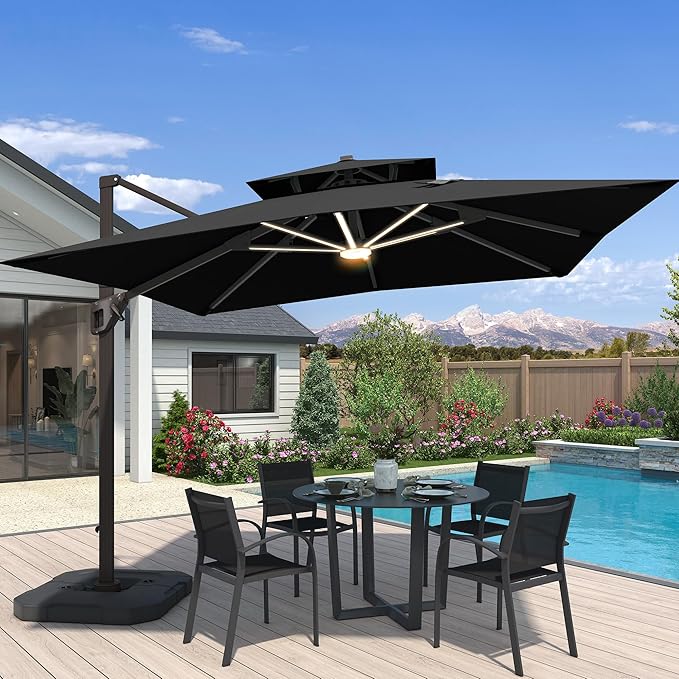 10x10 FT Cantilever Patio Umbrella with Led Lights Double Top Outdoor Square Large Heavy Duty Aluminum Offset Umbrellas with 7 Level Tilt 360-degree Rotation for Pool Garden Deck, Black