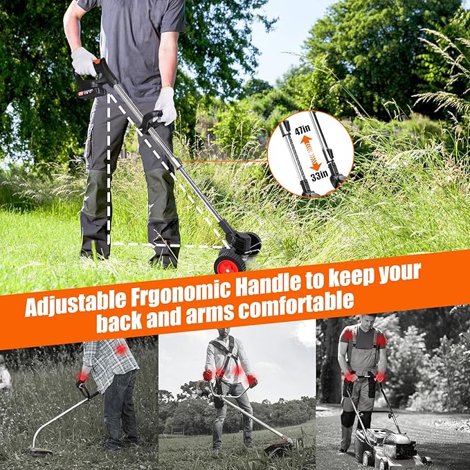 Electric Weed Wacker Cordless with Wheels, 2pcs Batteries&4 Types Blades,Lightweight, Low Noise Weed Trimmer 21V stringless Weed Wacker, Grass Trimmer/Brush Cutter/Edger, for Thick Weeds&Yard Garden