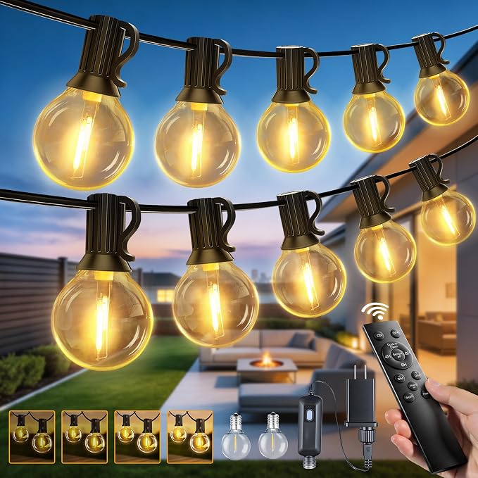 100FT Outdoor String Lights with Remote, Waterproof Connectable Dimmable G40 Patio Lights with 40+2 Shatterproof Edison LED Bulbs Plug in, Hanging Light for Outside Backyard Deck Garage Decor