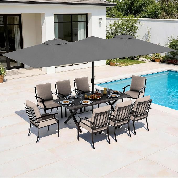 10 Pieces Patio Dining Set,Metal Outdoor Furniture Set Includes 13.6FT Grey Umbrella,Hole Cut-Out 78.7" x 35.4" Table and 8 Metal Backrest Chairs for Backyard,Garden,Sand