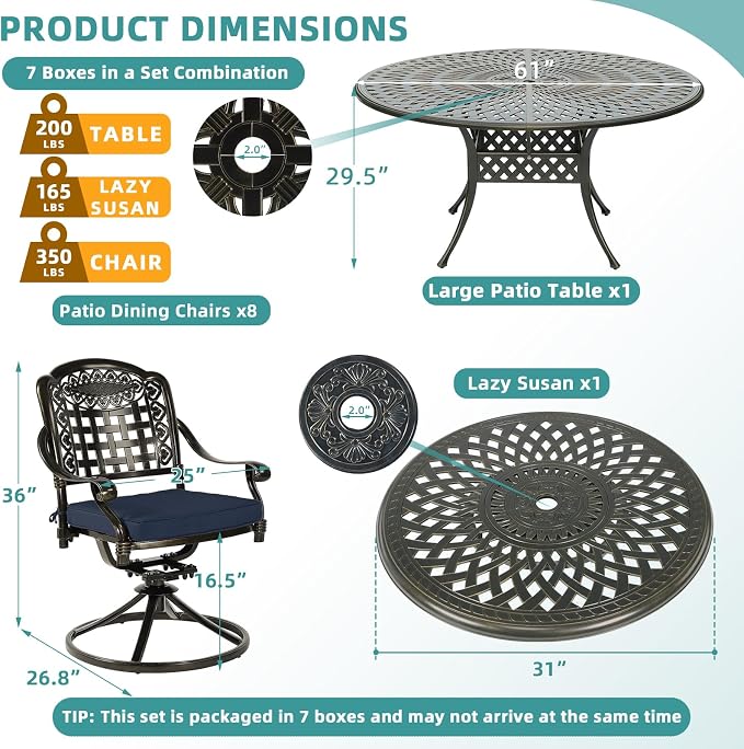 MEETWARM Outdoor 9-Piece Patio Dining Set, All-Weather Cast Aluminum Patio Conversation Set- 8 Cushioned Swivel Rocker, 61" Round Patio Dining Table w/Detachable Lazy Susan/Umbrella Hole, Navy Blue